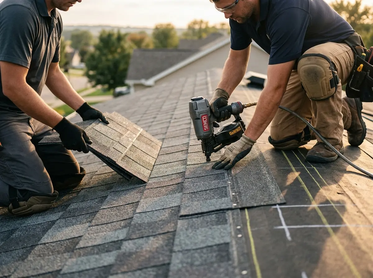 Professional roofer working on a residential roof in Rosedale